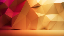 Red And Yellow 3D Polygon Wall. Futuristic Interior Design Background.