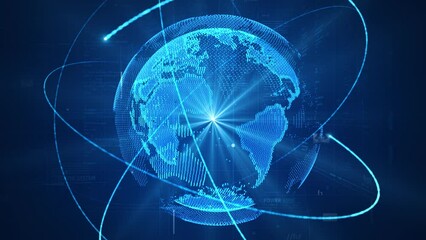 Wall Mural - The technological earth is constantly rotating, the scientific dotted line particle world map, and the future intelligent big data.