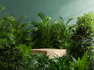 Wall Mural - Wooden podium in tropical forest for product presentation and green wall.