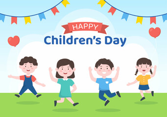 Happy Children's Day Celebration With Boys and Girls Playing in Cartoon Characters Background Illustration Suitable for Greeting Cards or Posters