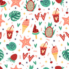 Summer Symbols Seamless Vector Pattern. Seasonal Beach Food And Accessories - Ice Cream, Watermelon, Exotic Fruits, Cocktail, Berry, Sunglasses, Shells, Starfish. Flat Cartoon Background, Hand Drawn