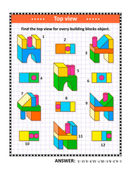 Educational math puzzle: Find the top view for every building blocks object. Answer included.
