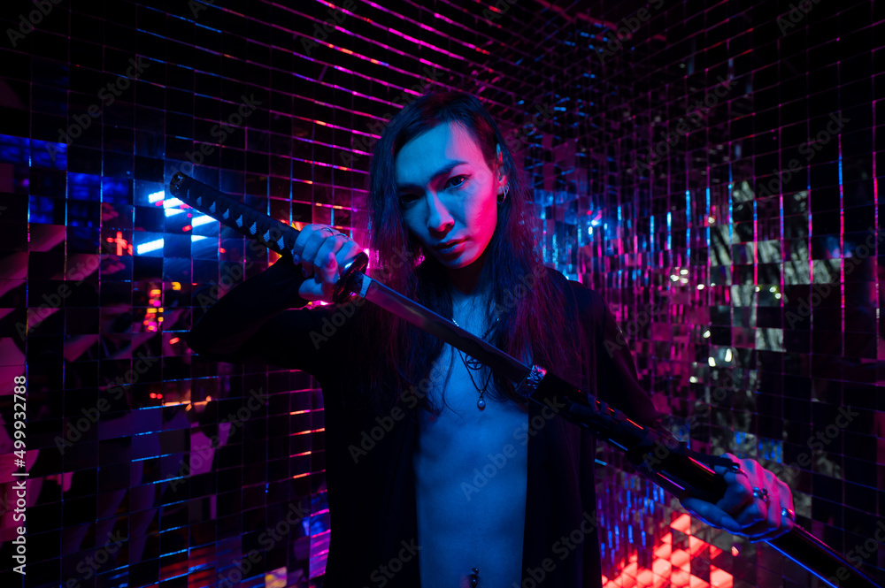 Trans Sword Male transgender neon light studio. Asian with samurai sword. Stock ...