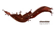 Chocolate, Cocoa And Coffee Milk Isolated Flow Splash With Crushed Peanuts, Vector Swirl Wave. Chocolate Spread Cream Or Creamy Brown Choco Butter Splash, Realistic Cocoa And Coffee Milk Drink Spill