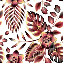 Brown Tropical Seamless Pattern With Abstract Flowers On White Background. Hand Drawn Summer Floral Background. Contour Drawing. Fashion Design For Textile And Fabric, Wrapping, Any Surface.