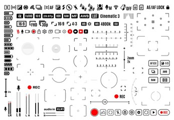 Video and photo camera viewfinder display signs. Focus, grid, zoom, shutter, preview, record frame vector symbols of shooting menu. Cam screen settings of exposure, aperture, battery, flash buttons