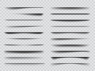 Realistic overlay transparent shadow effects. Isolated vector black or grey shade stripes with soft edges, mockup elements. Set of abstract panel or bar shadows 3d object
