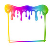 Square frame with a flowing rainbow slime. Dripping toxic viscous liquid on a black background. Vector cartoon illustration. 