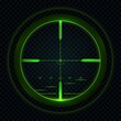 Sniper scope night vision, sight view target. Isolated vector crosshair of gun with green neon glow. Realistic 3d weapon zoom, military optical focus, viewfinder bullseye frame with cross aim dot