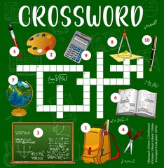 Aufkleber - School education objects crossword puzzle worksheet, word quiz. Vector cross word game find backpack, paints, chalkboard, scissors, brush, book and globe with compass, calculator and pen cartoon items