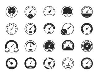 Wall Mural - Speedometer black icons. Speed dashboard gauge symbol, flat device upload and download indicator. Vector set