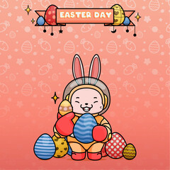 Wall Mural - Celebrating Easter, doddle bunny mascot with an outline, in a kawaii style. easter bunny cartoon illustration in astronaut suit holding a little pattern egg and big egg with pattern