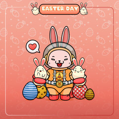 Wall Mural - Celebrating Easter, doddle bunny mascot with an outline, in a kawaii style. easter bunny cartoon illustration in astronaut suit holding two cute little eggs with bunny ear on both hands