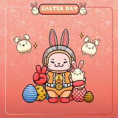 Wall Mural - Celebrating Easter, doddle bunny mascot with an outline, in a kawaii style. easter bunny cartoon illustration in astronaut suit holding a cute little egg with bunny ear and showing peace finger