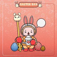 Wall Mural - Celebrating Easter, doddle bunny mascot with an outline, in a kawaii style. easter bunny cartoon illustration in astronaut suit holding a little rounded bunny on gold cane and drink boba tea