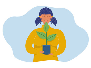 Wall Mural - World Earth Day green eco energy , Young  woman holding plant tree on World Earth Day Growing plant. Agriculture, ecology, environment cartoon flat vector