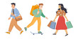 © klyaksun - Diverse passerby people walk on city street, student teenager with backpack riding on skateboard, businessman with briefcase, young woman with shopping bags, isolated Line art flat vector illustration