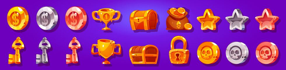 Poster - Game icons cartoon coins of gold, silver and bronze with skull or dollar. Golden trophy cup, rate stars, treasure chest, padlock and money sack. Award medals for user experience Vector gui graphic set