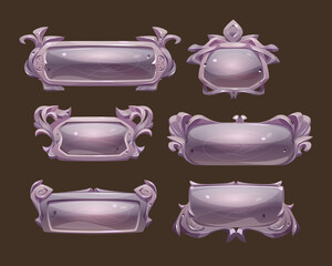 Poster - Game silver buttons with fantasy frames in medieval style. Vector cartoon set of rpg game user interface elements with empty old metal banners with fancy borders