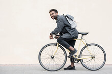 Handsome Young Man With Bicycle In City, Smiling Student Men Outdoor Portrait, Active Lifestyle, People, City Life, Having Fun, Casual Business Concept