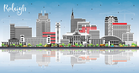 Wall Mural - Raleigh North Carolina City Skyline with Color Buildings, Blue Sky and Reflections.