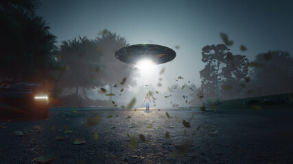 Man being abducted by UFO - Alien abduction concept. 3d rendering