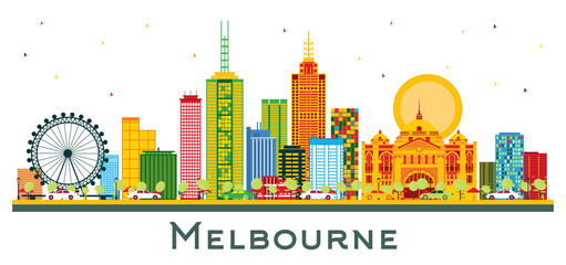 Wall Mural - Melbourne Australia City Skyline with Color Buildings Isolated on White.