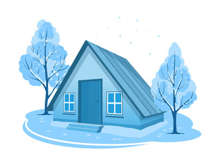 Wall Mural - Winter landscape. House surrounded by trees