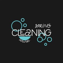 Spring Cleaning Lettering, Text On Water Drops, Housework Phrase, Hand Drawn Letters, Banner Or Poster, Laundry Sticker, Vector Illustration Isolated On Black Background