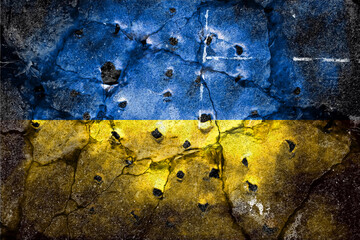 Wall Mural - with Ukraine. Ukrainian symbols. Stop the war. Stop Russian Putin. flag with bullet holes