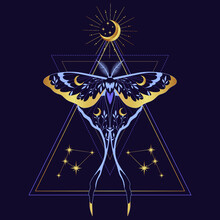 Purple Vector Illustration Of Moon Moth. For Print For T-shirts And Bags, Decor Element. Mystical And Magical, Astrology Illustration