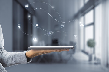 Poster - Close up of woman hand holding smartphone with abstract SEO and communication hologram on blurry office interior background. Double exposure.