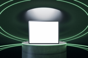 Poster - Close up of empty white tablet on light pedestal background. Presentation and mock up concept. 3D Rendering.