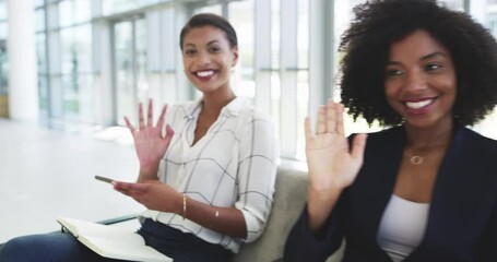 Poster - Youll find motivation online. Diverse group of business people showing thumbs up and waving, waiting in line at a conference. Portrait of a queue of businesspeople looking at the camera and greeting 