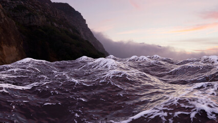 Wall Mural - beautiful seascape with large waves with foam mountain sunset background. 3d render