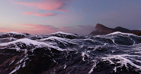 Wall Mural - beautiful seascape with large waves with foam mountain sunset background. 3d render