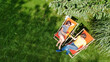 Young couple relax in summer garden in sunbed deckchairs on grass, woman and men have drinks on picnic outdoors in green park on weekend, aerial top view from above
