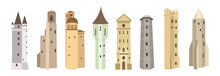 Set Of Stone Towers In Cartoon Style. Vector Illustration Of Historical, Fairy-tale Or Fantasy Medieval Buildings On White Background.