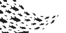Silhouettes School Of Fish With Marine Life Of Various Sizes Swimming Fish Flat Style Design Vector Illustration. Colony Of Big And Small Sea Animals.