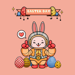 Wall Mural - Celebrating Easter, doddle bunny mascot with an outline, in a kawaii style. easter bunny cartoon illustration in astronaut suit with pointing up hand, and love bubble