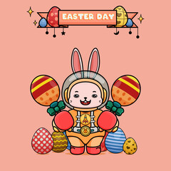 Wall Mural - Celebrating Easter, doddle bunny mascot with an outline, in a kawaii style. easter bunny cartoon illustration in astronaut suit holding two colorful ornament egg with stick on both hand