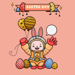 Wall Mural - Celebrating Easter, doddle bunny mascot with an outline, in a kawaii style. easter bunny cartoon illustration in astronaut suit holding two balloons with egg shape, and waving hand