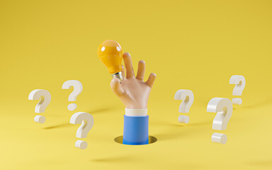 Poster - businessman hand holding yellow lightbulb from hole with white question mark for creative thinking i
