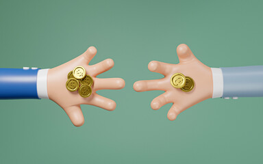 Wall Mural - Two businessmen hands holding US dollar coin and Euro coins for forex currency exchange and cash money transfer concept by 3d render illustration.