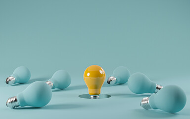 Wall Mural - One yellow Lightbulb emerge from the hole among falling blue light bulb with copy space for creative thinking , problem solving solution and outstanding concept by 3d rendering illustration.