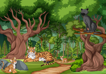 Wall Mural - Forest scene with wild animals