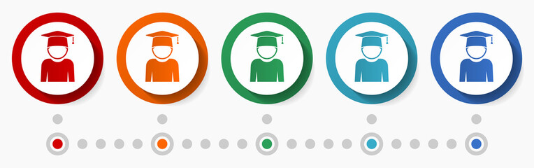 Poster - Student, graduation concept vector icon set, infographic template, flat design colorful web buttons in 5 color options