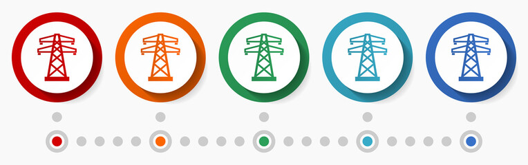 Aufkleber - Power line concept vector icon set, infographic template, flat design colorful web buttons in 5 color options