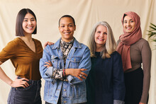 International Women's Day Portrait Of Cheerful Multiethnic Mixed Age Range Women Smiling Towards The Camera