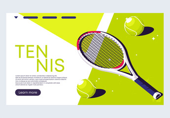 Wall Mural - vector illustration of a minimalist website template for a tennis tournament with light green balls lying on a tennis court